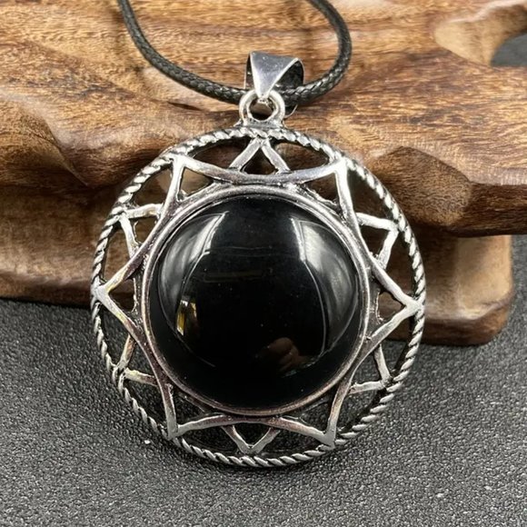 Jewelry - Black Obsidian Natural Stone Round Pendant Necklace Healing Gemstone Big Pendant